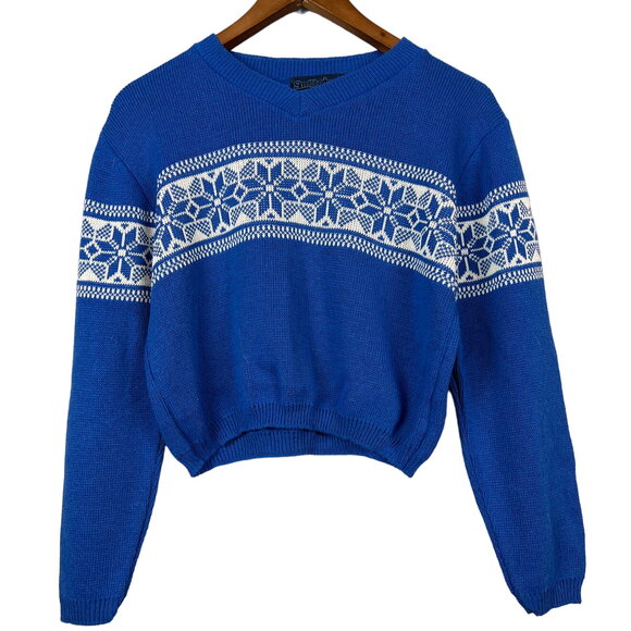 Vintage 80s Smooches Sweater Arglye V Neck Long Sleeve Blue - L - Picture 1 of 4